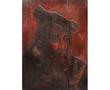 A LATE 18TH/EARLY 19TH CENTURY POKERWORK PORTRAIT of a bearded man on an oak panel, 46cm x 38cm