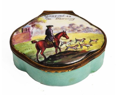 AN 18TH CENTURY ENAMEL SNUFF BOX of serpentine oval outline, the lid decorated with gentlemen on horseback following a pack o