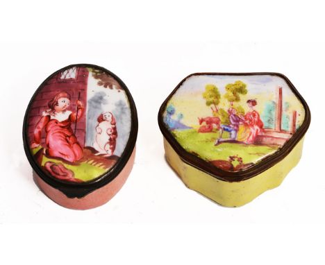 A GEORGE III ENAMEL SNUFF BOX with serpentine outline, the lid decorated with a vignette of two lovers within a pastoral scen