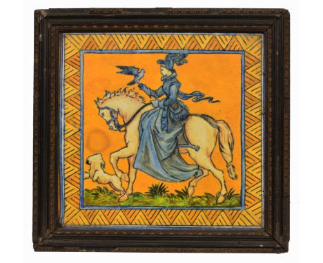A LATE 19TH CENTURY POTTERY TILE painted by W.B. Simpsons & Sons, decorated in yellow and blue glaze of a lady on horseback, 