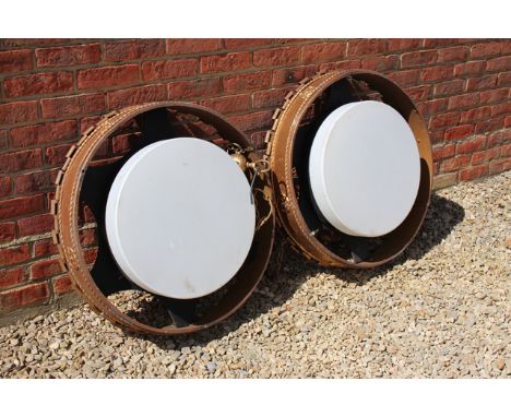 A PAIR OF CIRCULAR GOLD PAINTED GOTHIC REVIVAL HANGING LIGHT FITTINGS with crenellated tops and rose flowerhead decoration, 7