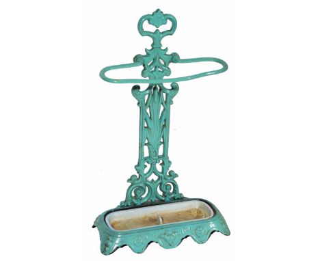 A VICTORIAN CAST IRON TURQUOISE PAINTED STICK STAND with bullrush decoration and inserted drip tray, 38cm wide x 64.5cm high