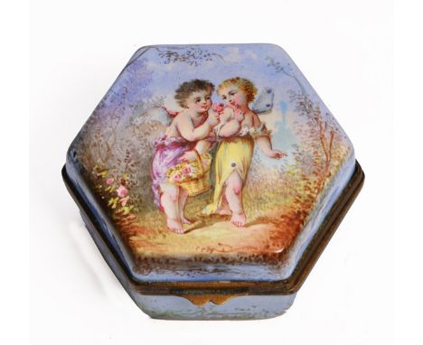AN ANTIQUE HEXAGONAL ENAMEL BOX, the lid painted with Cupid and Psyche, the underneath decorated with a river scene and with 