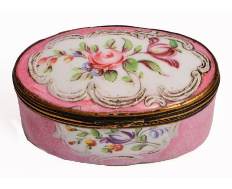 A GEORGE III OVAL PINK GROUND ENAMEL BOX decorated with floral sprays within scrolling white enamel borders, 5.8cm wide