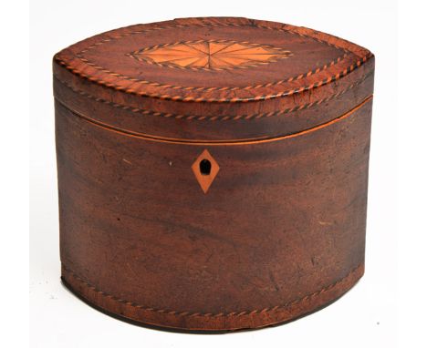 A GEORGE III MAHOGANY NAVETTE SHAPED TEA CADDY with satinwood and ebony crossbanded inlaid decoration, 13.5cm wide