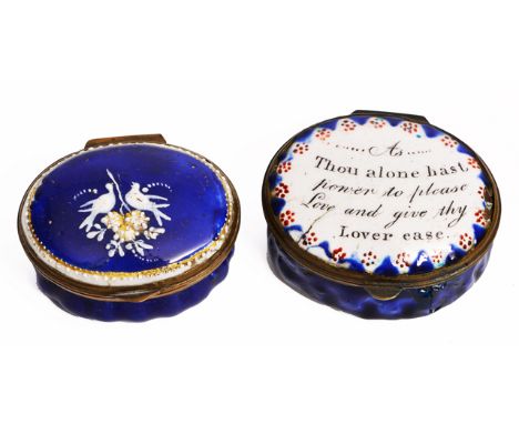 A GEORGE III OVAL BLUE GROUND ENAMEL PATCH BOX decorated in white enamels with two love birds perched on a branch and faintly