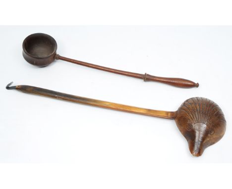 A GEORGIAN PRESSED HORN, SHELL MOULDED TODDY LADLE, 35cm long; together with a turned mahogany toddy ladle, 30cm long (2) 
