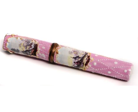 A GEORGE III PINK GROUND ENAMEL DECORATED CYLINDRICAL NEEDLE CASE, decorated with vignettes of classical ruins, Italianate la