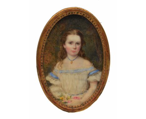 19TH CENTURY ENGLISH SCHOOL, PORTRAIT MINIATURE of a young girl holding a flower posy in her lap, on ivory, 9cm x 6cm oval