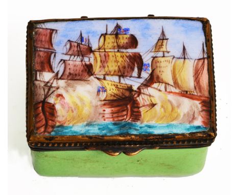 A GEORGE III RECTANGULAR ENAMEL SNUFF BOX, the lid decorated with British ships in the midst of a sea battle, the box with a 
