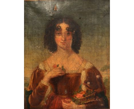 A 19TH CENTURY CONTINENTAL SCHOOL: PORTRAIT OF A LADY wearing red dress and holding a basket of flowers, oil on canvas, 30cm 