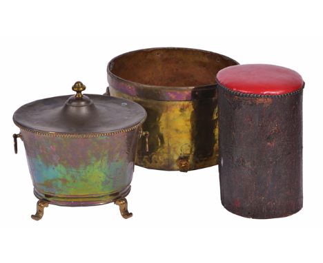 A RED LEATHERETTE UPHOLSTERED TREE TRUNK STOOL, 25cm diameter x 39cm high together with a cylindrical copper log bin with lio