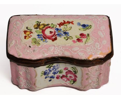 A GEORGE III PINK GROUND STAFFORDSHIRE ENAMEL SNUFF BOX with serpentine front with vignettes of floral sprays within white en
