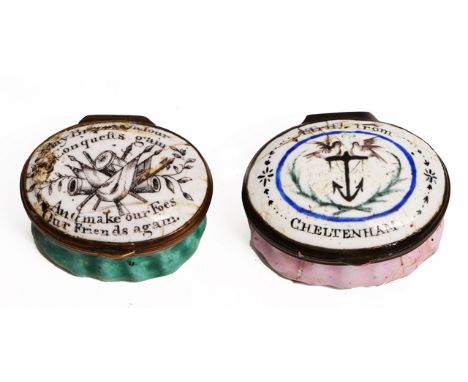 A GEORGE III OVAL ENAMEL PATCH BOX, the printed lid in black on a white background inscribed 'May British Valor Conquests Gai