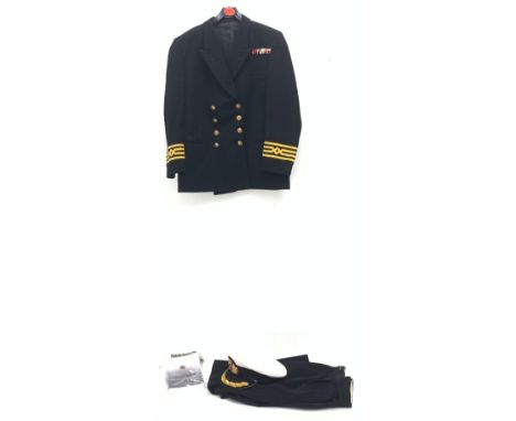 Merchant Navy captain's uniform with WW2 medal ribbons and peaked cap, epaulettes, spare cuff braiding, quantity of buttons a