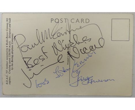 RTV   The Beatles - four signatures on the reverse of a B.O.A.C. Rolls-Royce 707 Jetliner postcard comprising Paul McCartney
