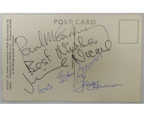  RTV   The Beatles - four signatures on the reverse of a B.O.A.C. Rolls-Royce 707 Jetliner postcard comprising Paul McCartney