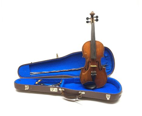 Late 19th/early 20th century German violin with 36cm one-piece maple back and ribs and spruce top, bears label 'Stradivarius 