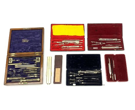Victorian Stanley burr walnut cased set of nickel drawing instruments, some with turned ivory handles, in oblong box with lif