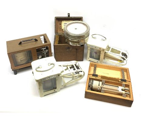 Mid-20th century aspirated psychrometer with clockwork action and paperwork, the pine box bearing metal label for Wilh. Lambr
