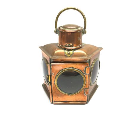 Ship's copper lamp of trapezium form with red and blue side filters and hinged front door, H22cm including brass swing handle