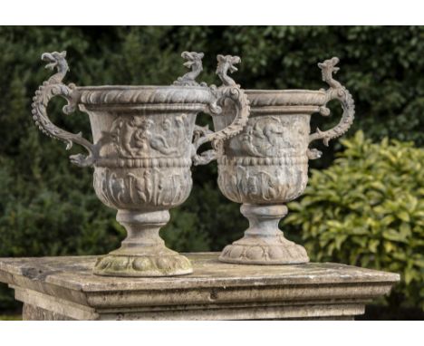 Garden Urn/Planter: † A pair of Georgian style lead urns  modern 59cm high 