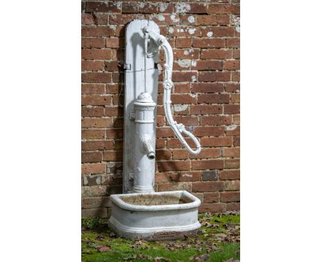 Water Feature: A cast iron pump  French late 19th century with D-shaped basin and wooden back plate 138cm high
