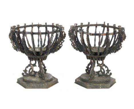 Garden Urn/Planter: A pair of rare Victorian cast and wrought iron planters  late 19th century 63cm high