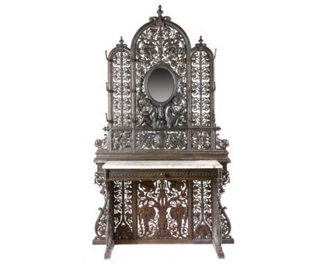 Hall Furniture: A rare and impressive Coalbrookdale cast iron hall stand  last quarter 19th century with marble shelf stamped