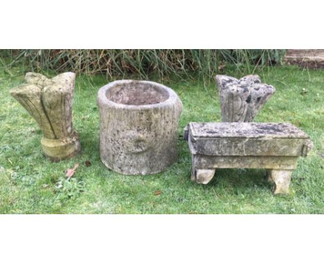 Architectural: A pair of carved stone finials  32cm high, together with a carved limestone stool, French 19th century, 40cm l