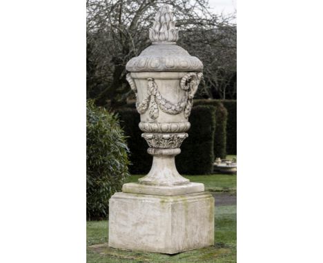 Architectural: A substantial composition stone finial on pedestal  late 20th century 230cm high