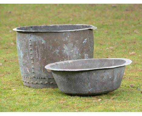 Garden Urn/Planter: Two washing coppers  19th century the larger 54cm high by 78cm diameter, together with a pair of cast iro