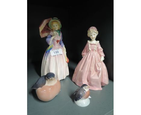 Two figurines, Royal Worcester Grandmothers Dress modelled by FG Doughty, Royal Doulton Miss Demure and two Danish bird studi