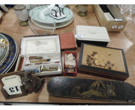 A selection of vintage trinkets and curios including hand decorated papier mache