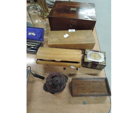 A selection of vintage wooden boxes and writing slope 