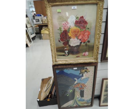 A vintage oil on board depicting still life and oriental embroidery