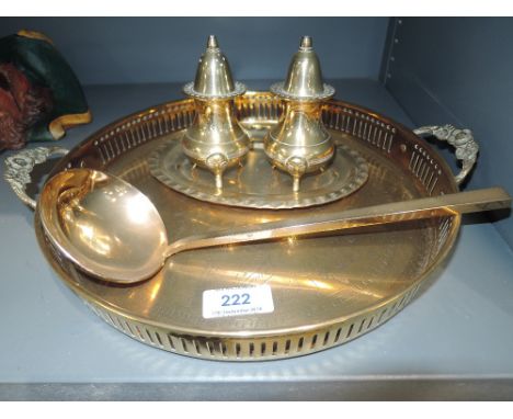 A selection of vintage table wares brass cast including gallery tray and ladel