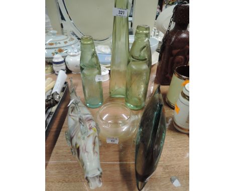 A selection of vintage glass wares including dolphin figure