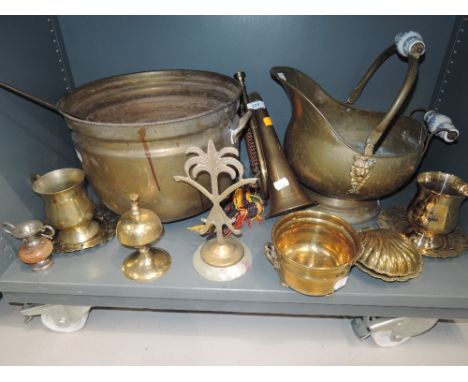 A selection of vintage brass wares including coal bucket and horn 