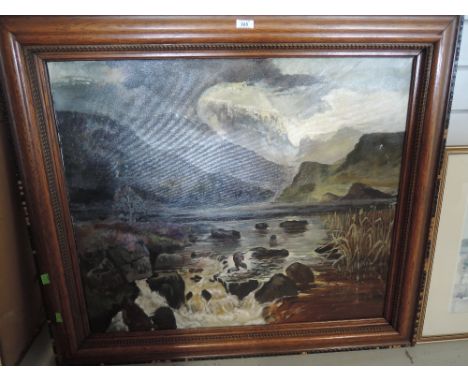 A vintage oil on canvas depicting otter hound and lakes