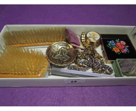 A box of misc including diamante belt, compact, trinket, Isle Of Man coins etc