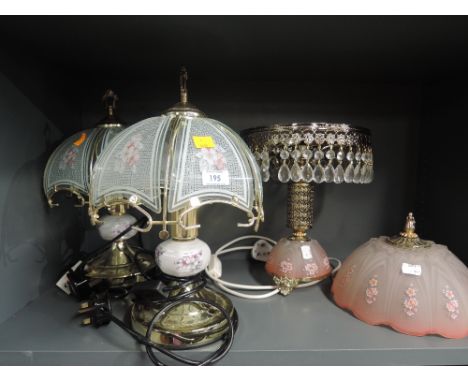 A selection of vintage lights and lamps including lustre droplet