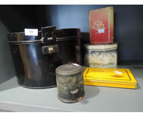A selection of vintage tin boxes including lockable Bowler Hat box