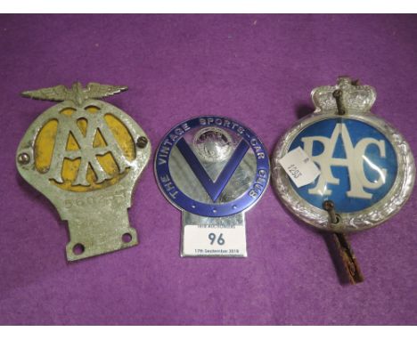 Three car badges, AA No56025T, RAC and Vintage Sperts Car Club
