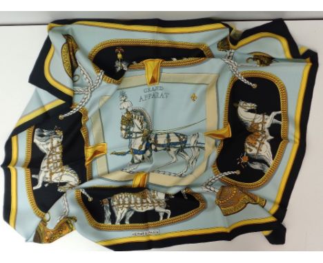 Designer Clothes, Hermes silk scarf 'Grand Apparet' duck egg blue, black, black and ivory scarf featuring beautiful horses (e