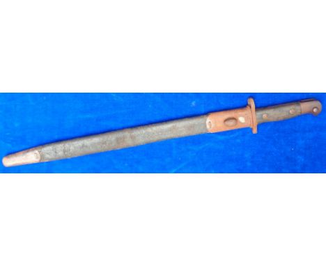 Militaria, 1907 dated Wilkinson bayonet in original leather scabbard (some light surface rust to both blade and scabbard) (gd