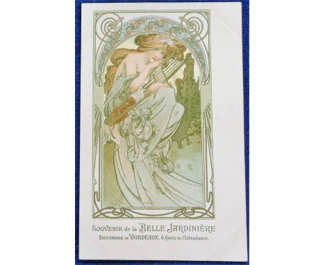 Postcard, Glamour, an Art Nouveau glamour card illustrated by Alphonse Mucha, advertising 'Belle Jardiniere' Bordeaux. Advert