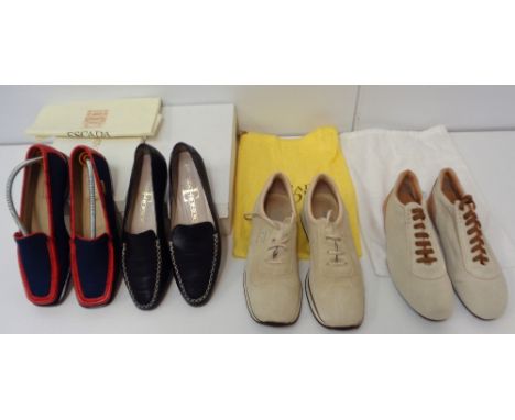 Escada, 4 pairs of Escada ladies shoes to comprise 2 pairs of suede trainers both size 37, unworn, a pair of navy leather loa