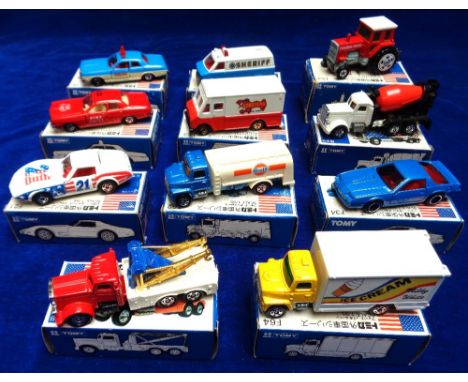 Model Vehicles, 11 boxed Tomica vehicles to comprise Dodge Police Car, Chevrolet Chevy Van Sheriff, Dodge Fire Chief Car, Ame