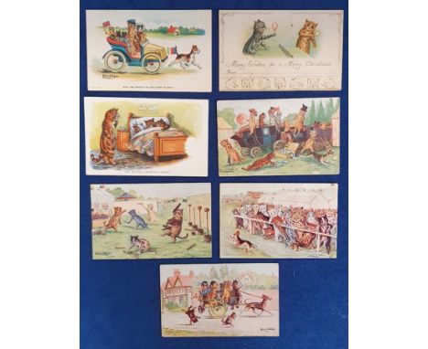 Postcards, a Louis Wain mix of 7 cards, with coconut shy at the fair, 'The coster cart on the way to the races', 'Here they c